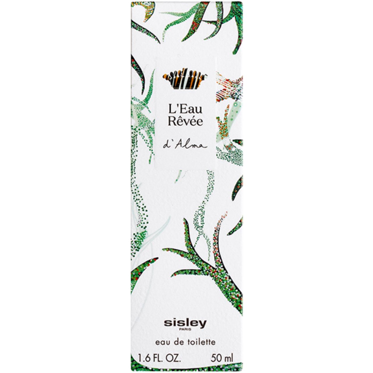 Weiße Verpackung mit grünem Muster und Schriftzug. Enthält Text: L'Eau Rêvée d'Alma, eau de toilette, 1.6 FL. OZ., 50 ml.