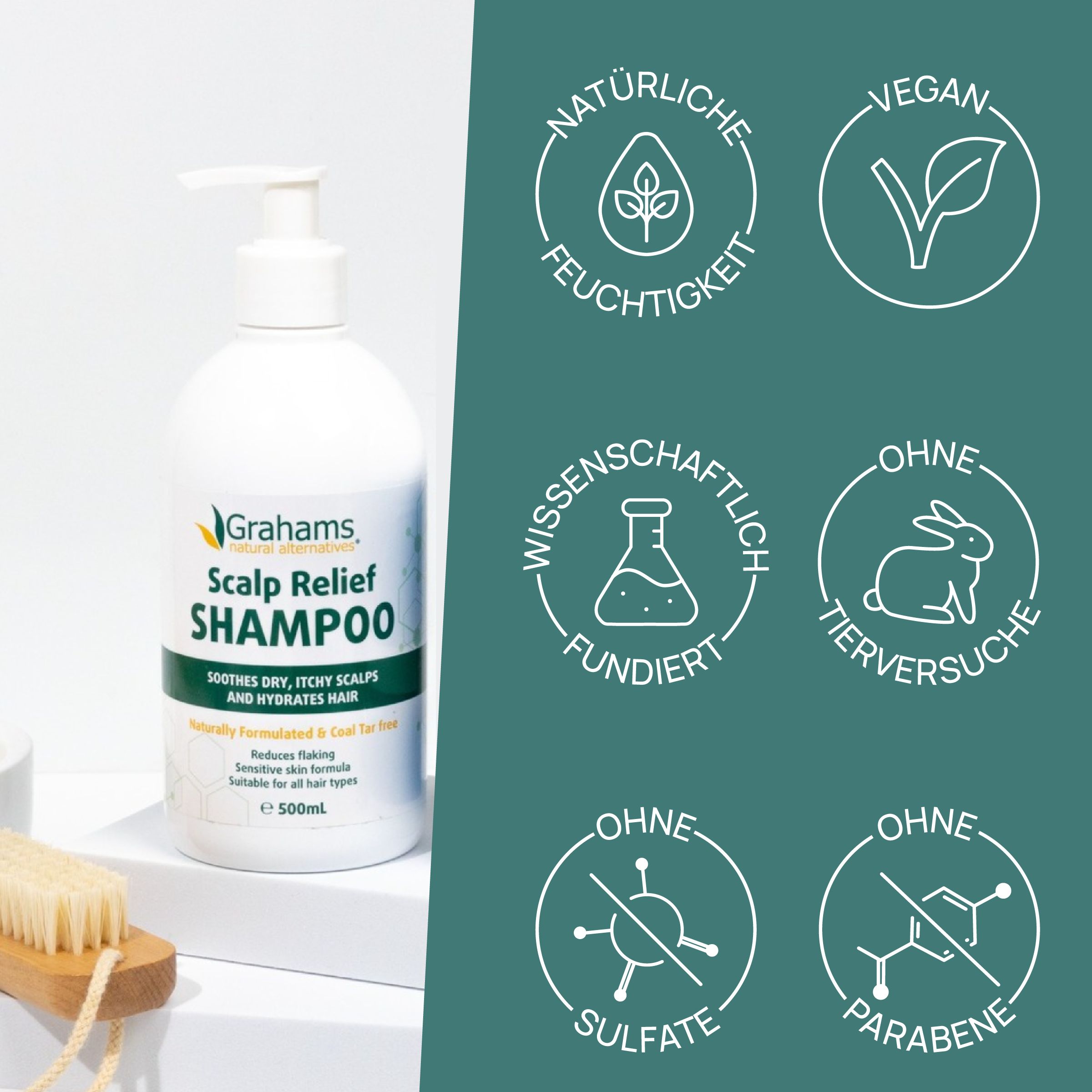 Weißes Shampoo-Flakon mit Pumpe. Text: Scalp Relief Shampoo. Vegan, ohne Tierversuche, ohne Sulfate und Parabene. Natürliche Feuchtigkeit.