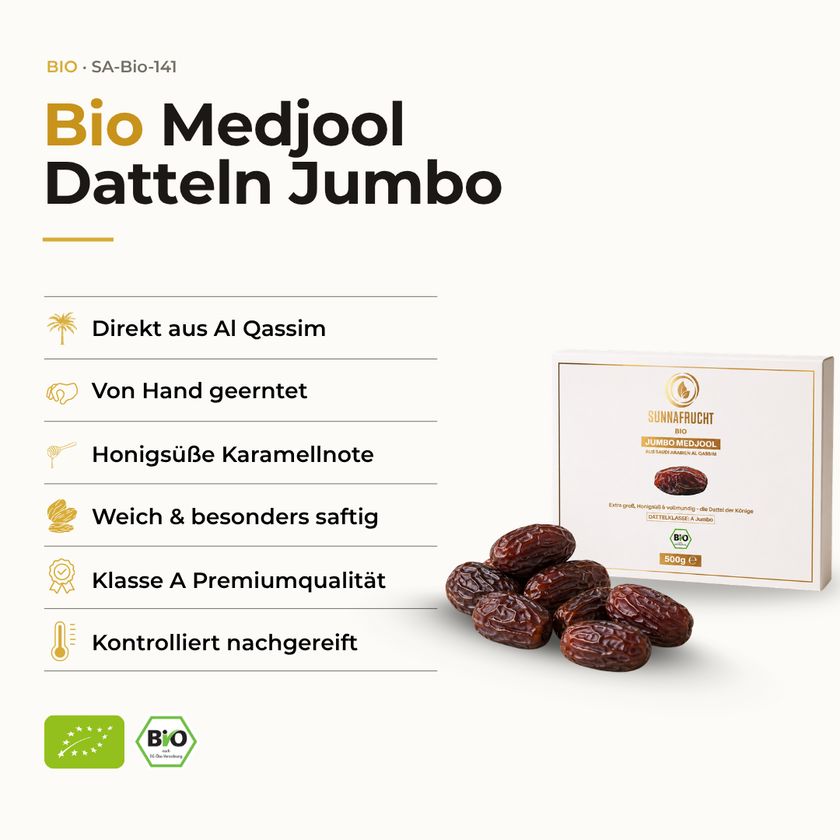 SUNNAFRUCHT BIO Medjool Datteln Jumbo: Direkt aus Al Qassim, handgeerntet, honigsüß, weich, Klasse A.