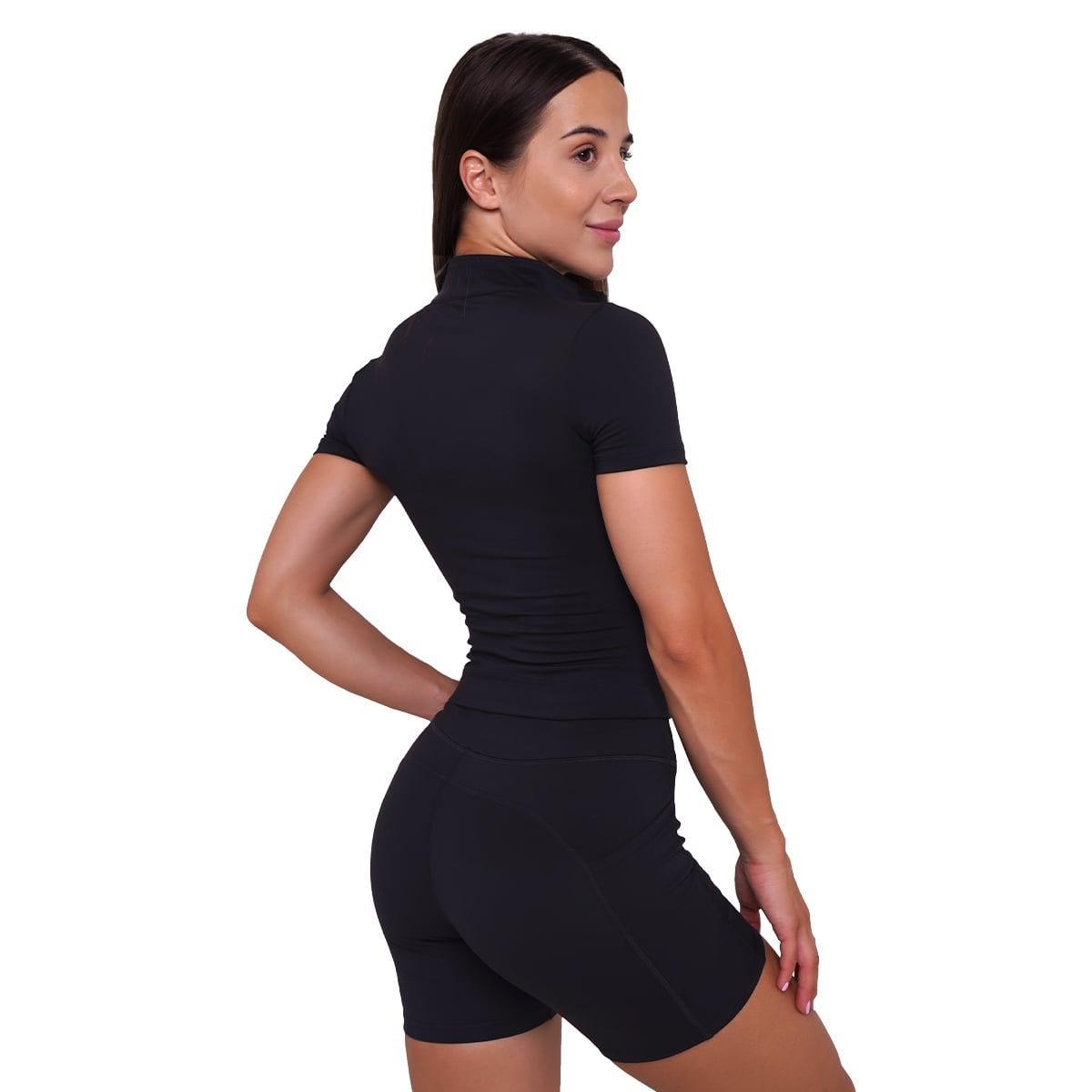 GymBeam Damen Cropped T-Shirt Ignite Slim mit Kragen und Reißverschluss Schwarz