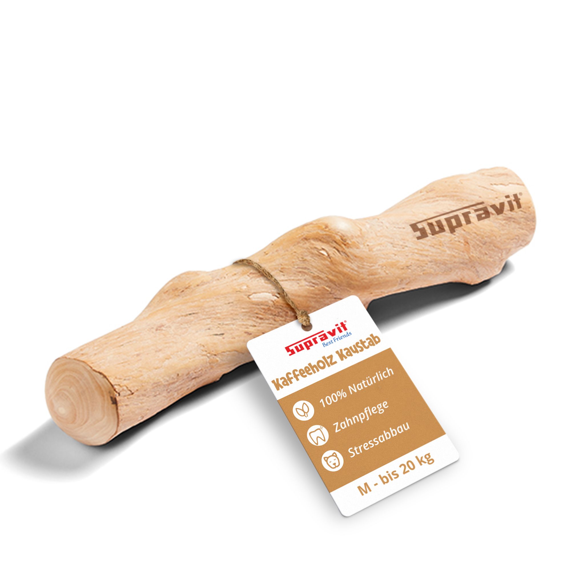 Kauknochen mit Anhänger. Auf dem Anhänger: Supravit, Kaffeeholz Kaustab, 100% natürlich, Zahnpflege, Stressabbau, M-bis 20 kg.