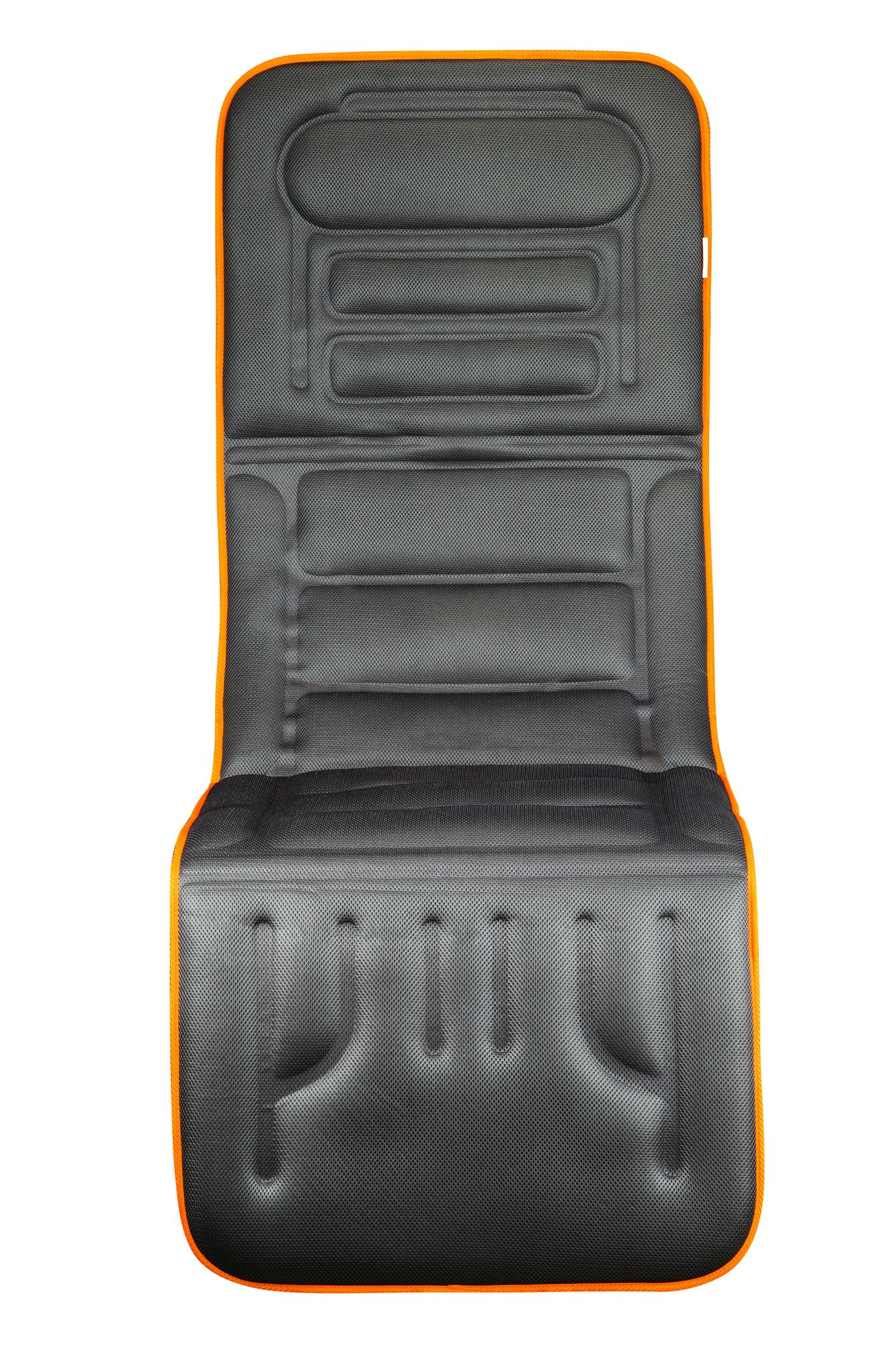 Graue Massagematte mit orangefarbenem Rand. Gepolsterte Bereiche für Rücken, Sitzfläche und Beine. Oberseite mit strukturierter Oberfläche.