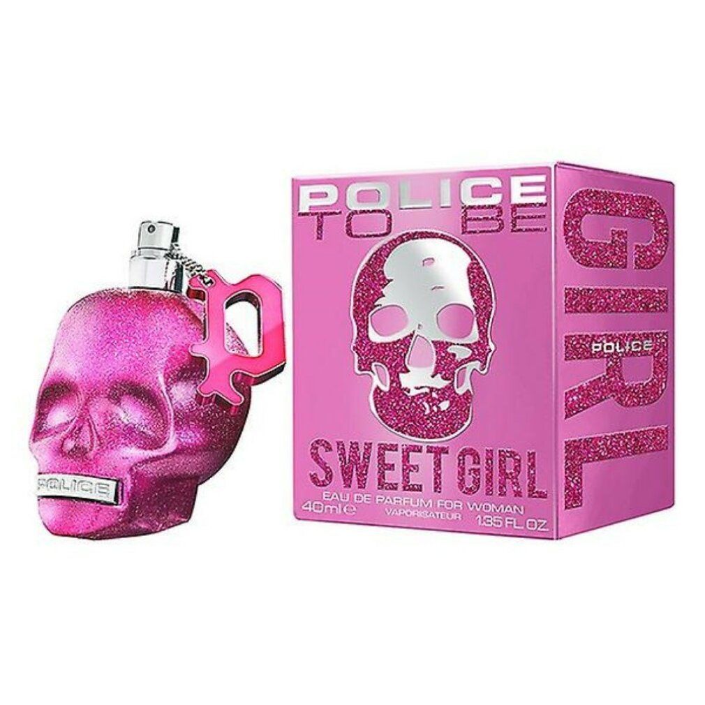 Glitzernde pinke Totenkopf-Parfümflasche mit passender Schachtel. "Sweet Girl" Aufschrift.