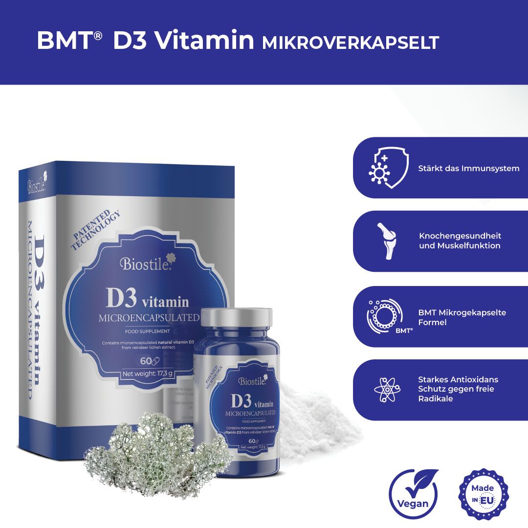Biostile BMT D3 Vitamin, Mikroverkapselt, mit Flasche und Schachtel. Vegan- und EU-Zeichen.