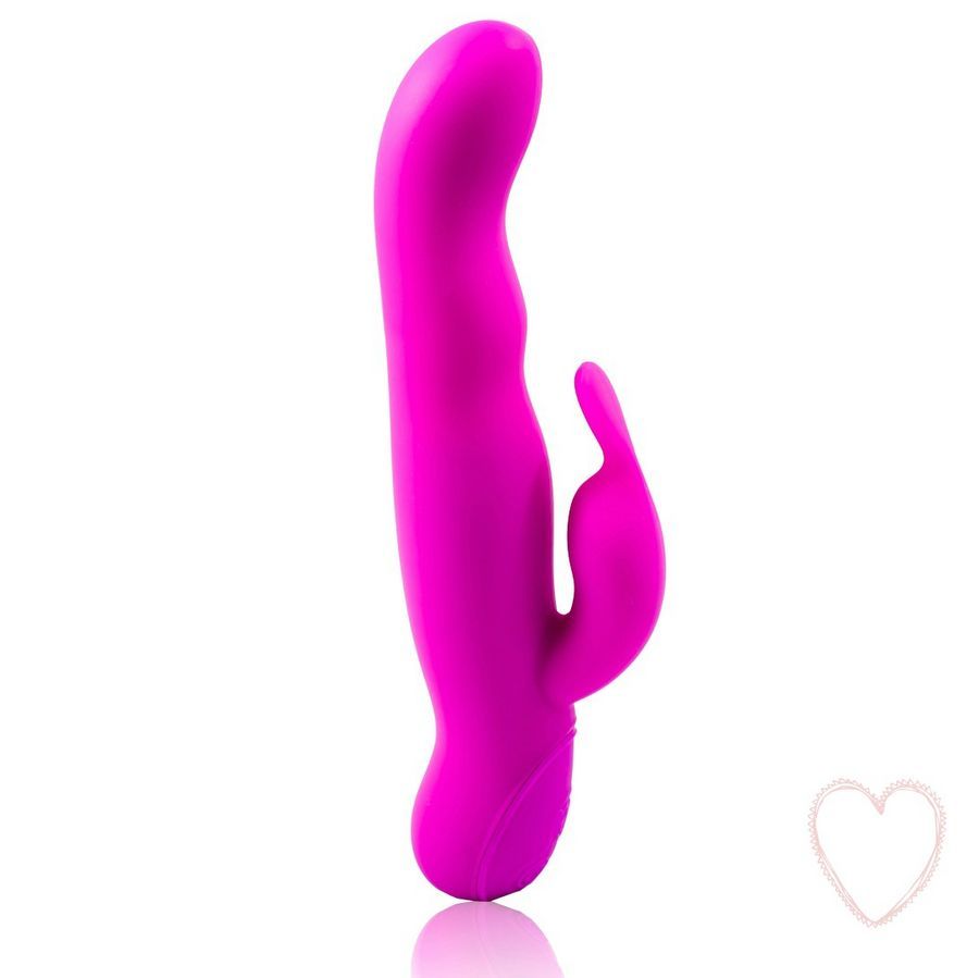 Lila Vibrator mit gebogener Form und einem zusätzlichen Element. Auf weißem Hintergrund. Herz-Symbol.