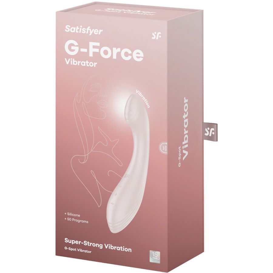 Verpackung für G-Force Vibrator. Rosa Box mit Produktbild und Text. Marke Satisfyer.