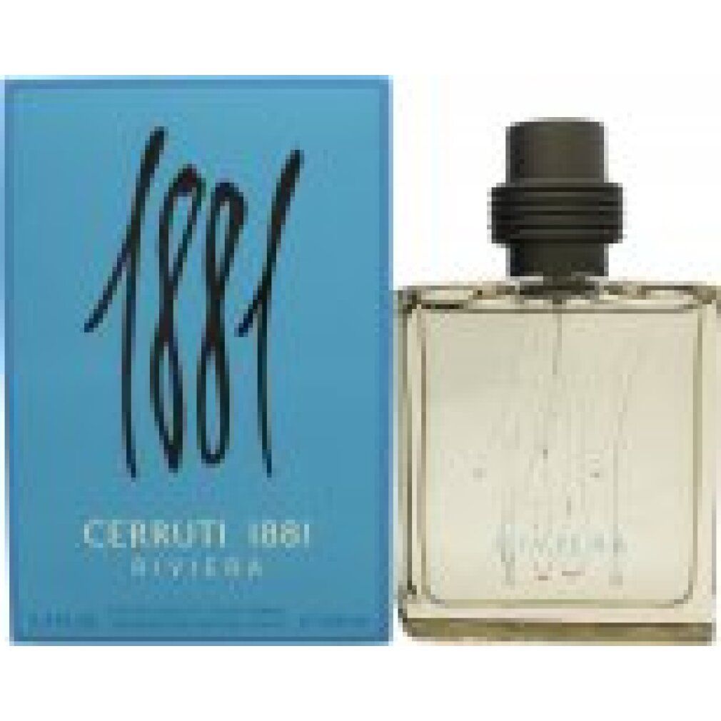Cerruti 1881 Riviera Eau de Toilette Spray. Flakon und Verpackung. Hellblauer Karton mit Schriftzug. Eckiger Glasflakon mit Sprühkopf.