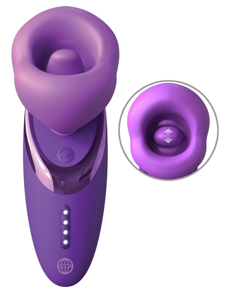 Lila Pleasure Sucker. Runde Form mit Öffnung. Detailansicht: Pfeile zeigen Bewegung an. Mit Ladeanzeige und Globus-Symbol.