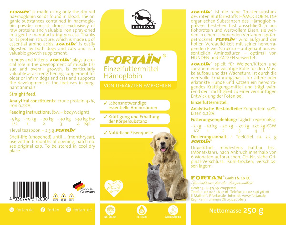 Gelbes Etikett mit Text und Abbildungen. FORTAIN, tierische Proteinquelle. Hund und Katze. Text in Deutsch und Englisch.