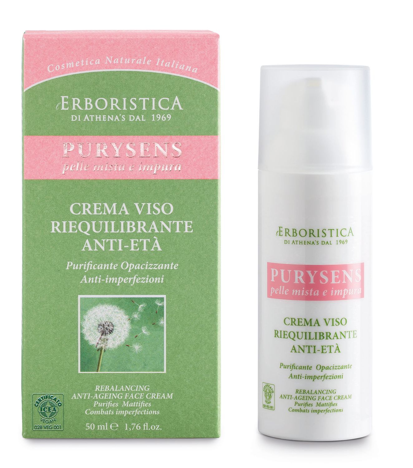 Gesichtscreme und Verpackung. Creme weiß, Flasche mit Pumpkopf. Verpackung grün und rosa mit Text: PURYSENS, Anti-Ageing.