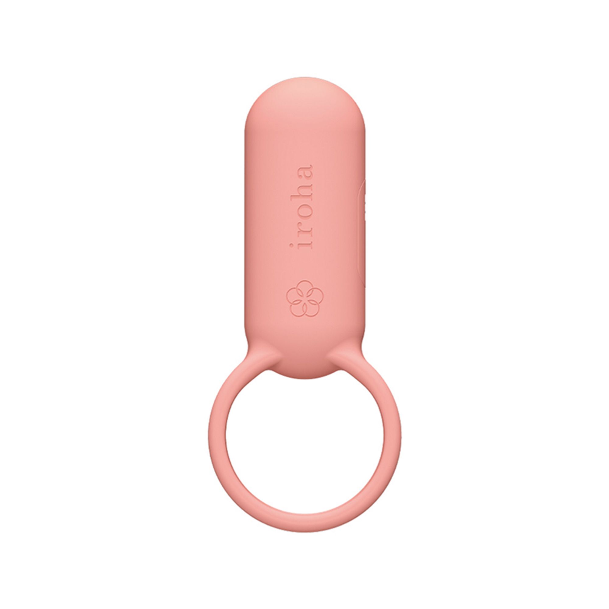 Korallenrotes Paarvibrator mit Ring. Marke iroha. Blütenlogo. Vertikale Ansicht.