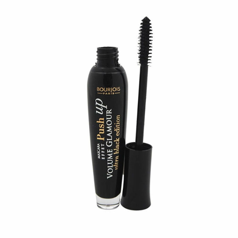 Schwarze Mascara-Tube, geöffnet, mit Bürste. Aufschrift: Bourjois, Push up, Volume Glamour, Ultra Black Edition.