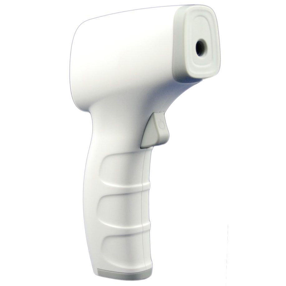 Weißes Infrarot-Fieberthermometer. Pistolenförmig mit grauem Akzent und Auslöser.