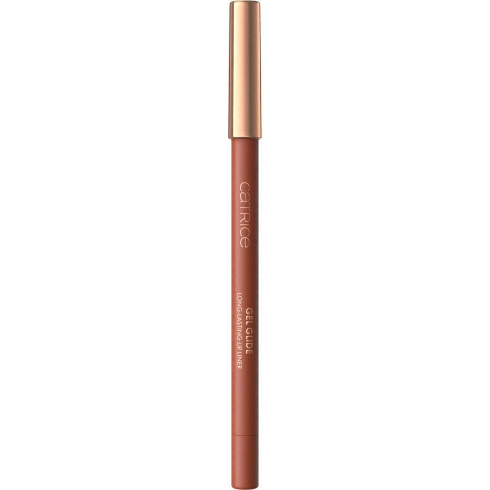 Catrice Gel Glide Lippenkonturenstift. Brauner Stift mit goldener Kappe. Aufschrift: Gel Glide, Long Lasting Lip Liner.