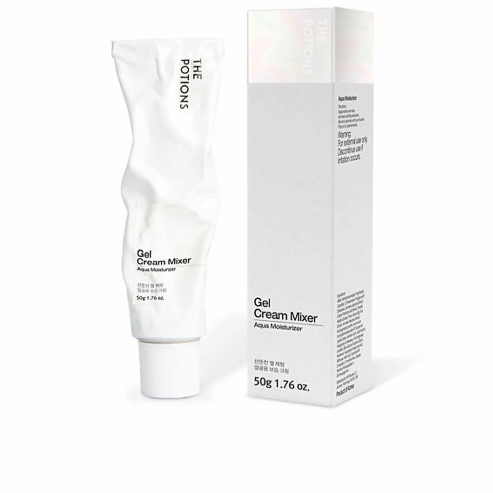 Weiße Tube und Verpackung. Aufschrift: THE POTIONS, Gel Cream Mixer, Aqua Moisturizer. 50g 1.76 fl. oz. Text auf Verpackung.