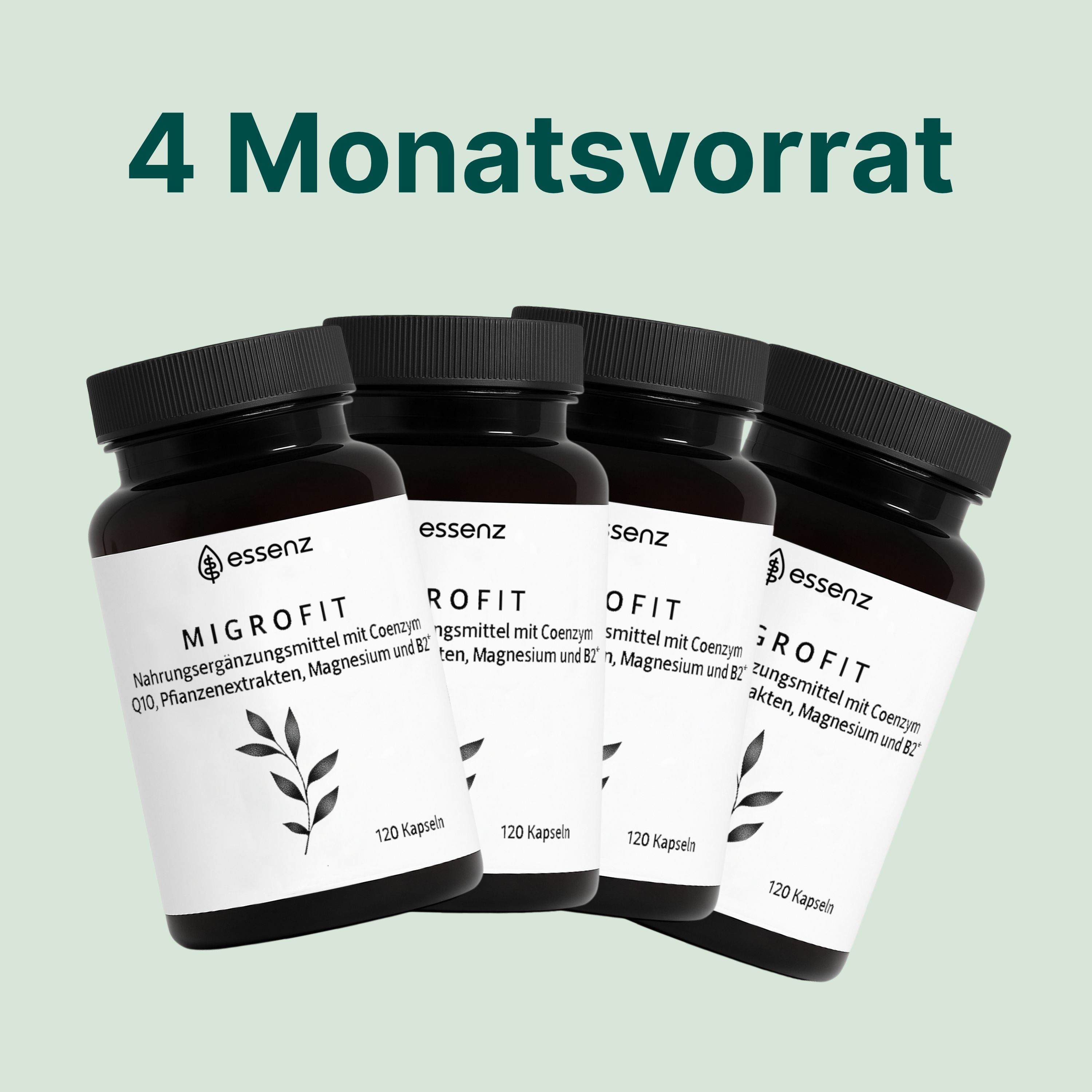 Vier Flaschen MigroFit Kapseln als 4-Monatsvorrat.