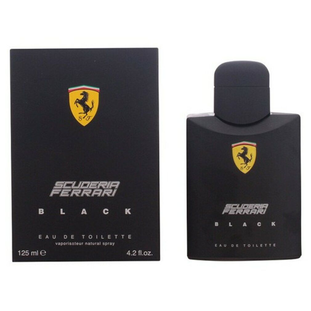 Schwarze Verpackung und Flakon. Scuderia Ferrari Black Eau de Toilette. Gelbes Logo. 125 ml.