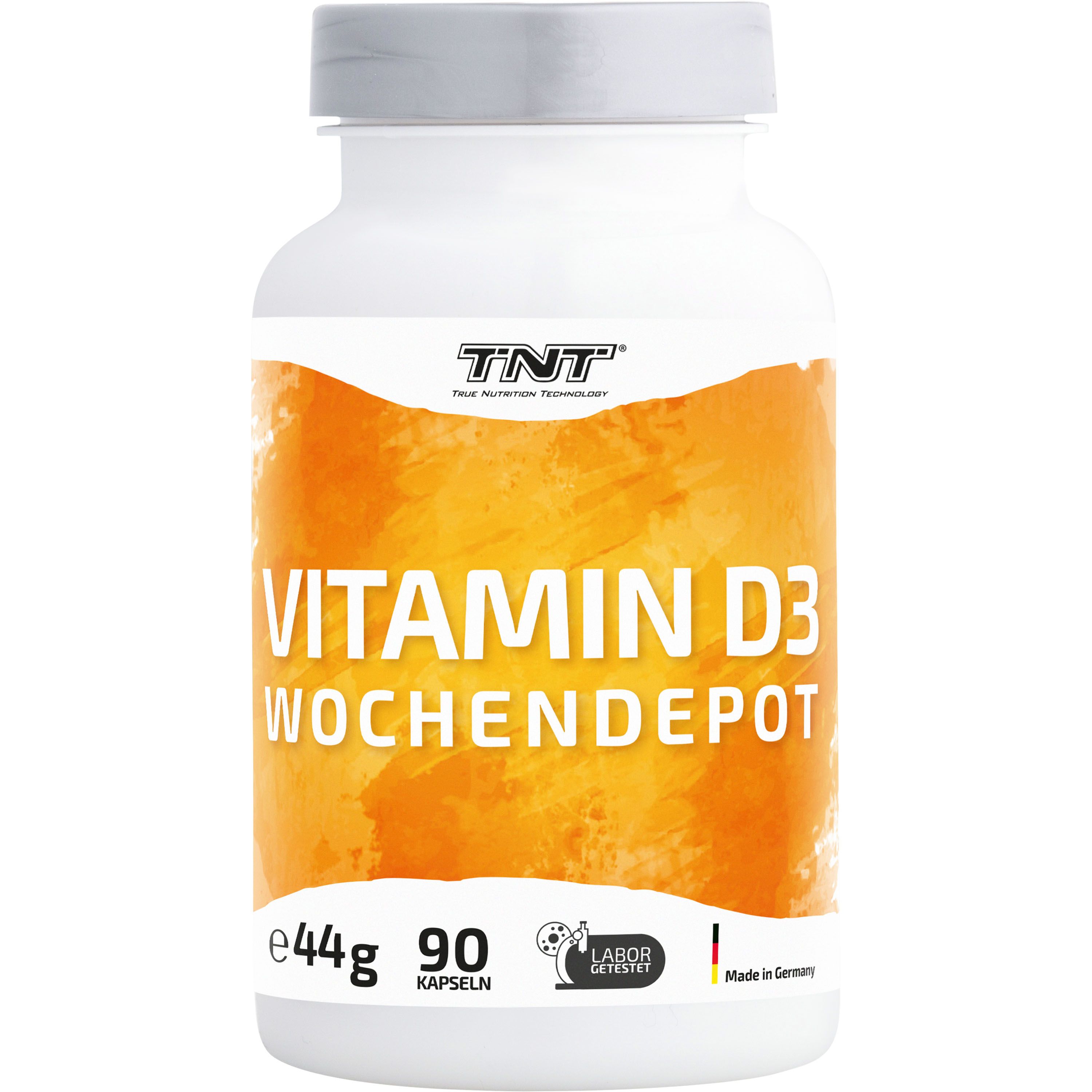 Vitamin D3 Wochendepot Flasche. 90 Kapseln. Laborgetestet. Made in Germany. TNT Logo.