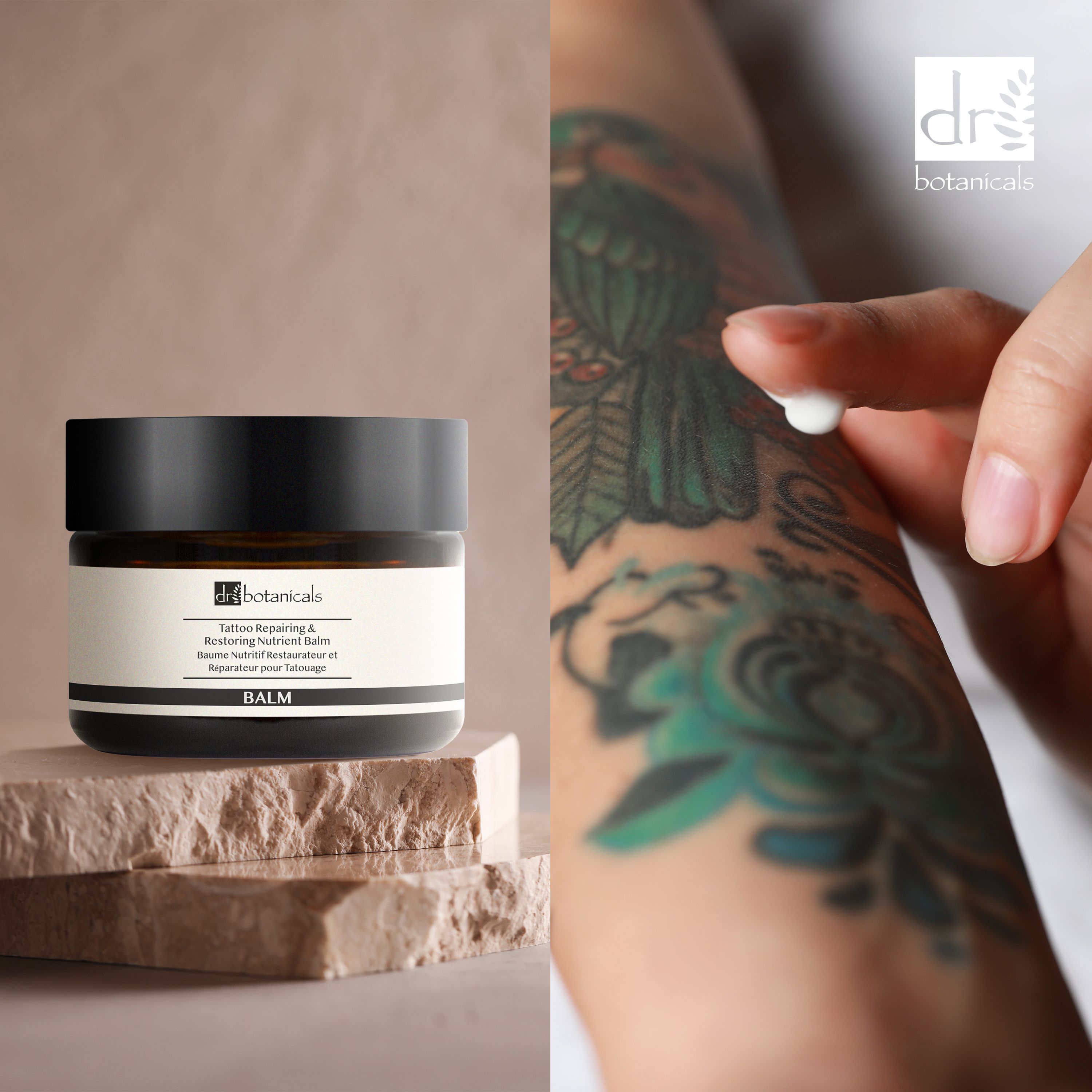 Dose neben tätowiertem Arm. Aufschrift: Tattoo Repairing & Restoring Nutrient Balm. Hand trägt Creme auf.