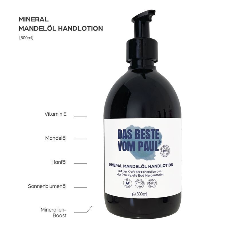 Flasche mit Lotion. Aufschrift: Das Beste vom Paul. Mineral Mandelöl Handlotion. Inhaltsstoffe: Vitamin E, Mandelöl, Hanföl, Sonnenblumenöl.
