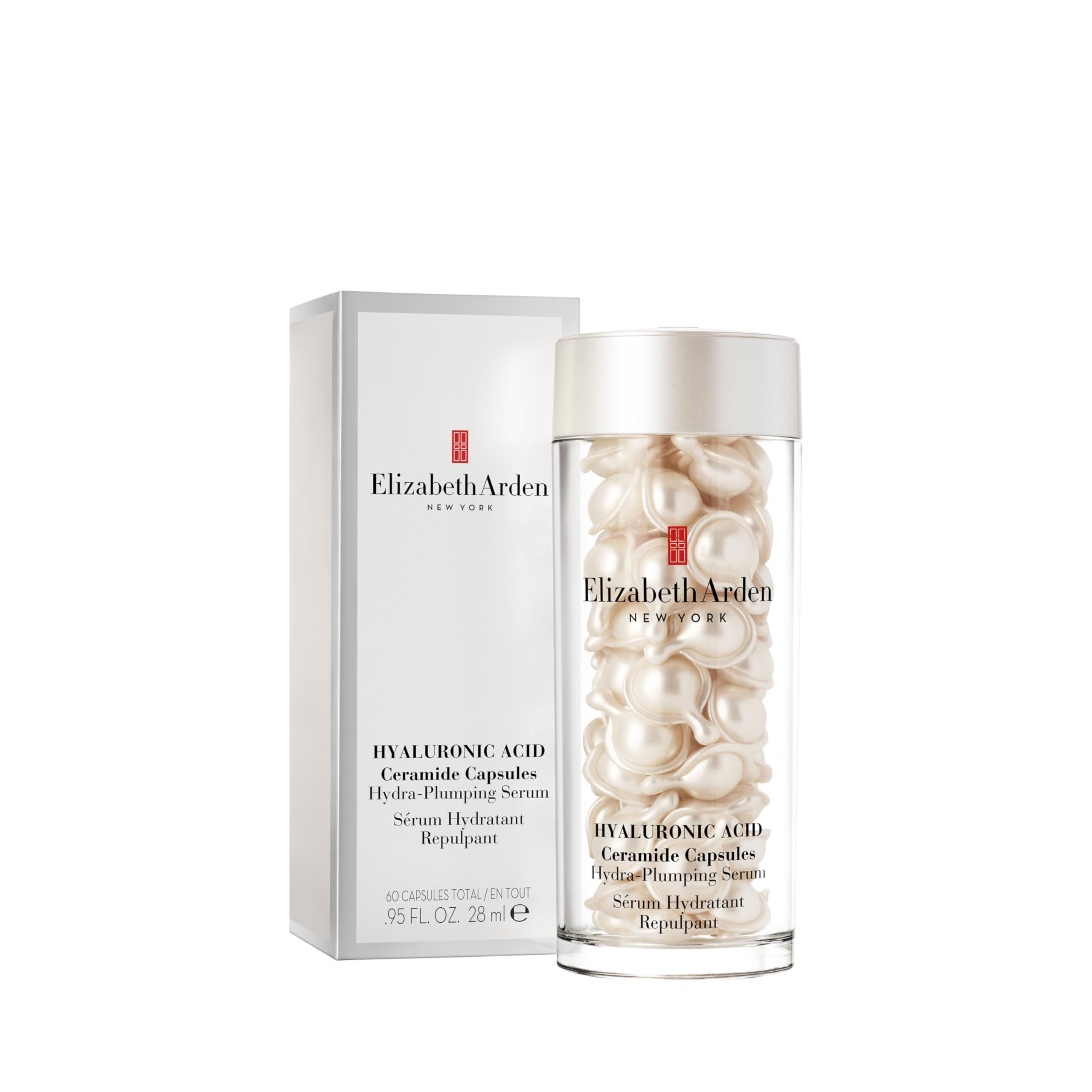 Produktverpackung und Flasche mit Kapseln. Aufschrift: Elizabeth Arden New York. Produktname und Inhaltsstoffe.