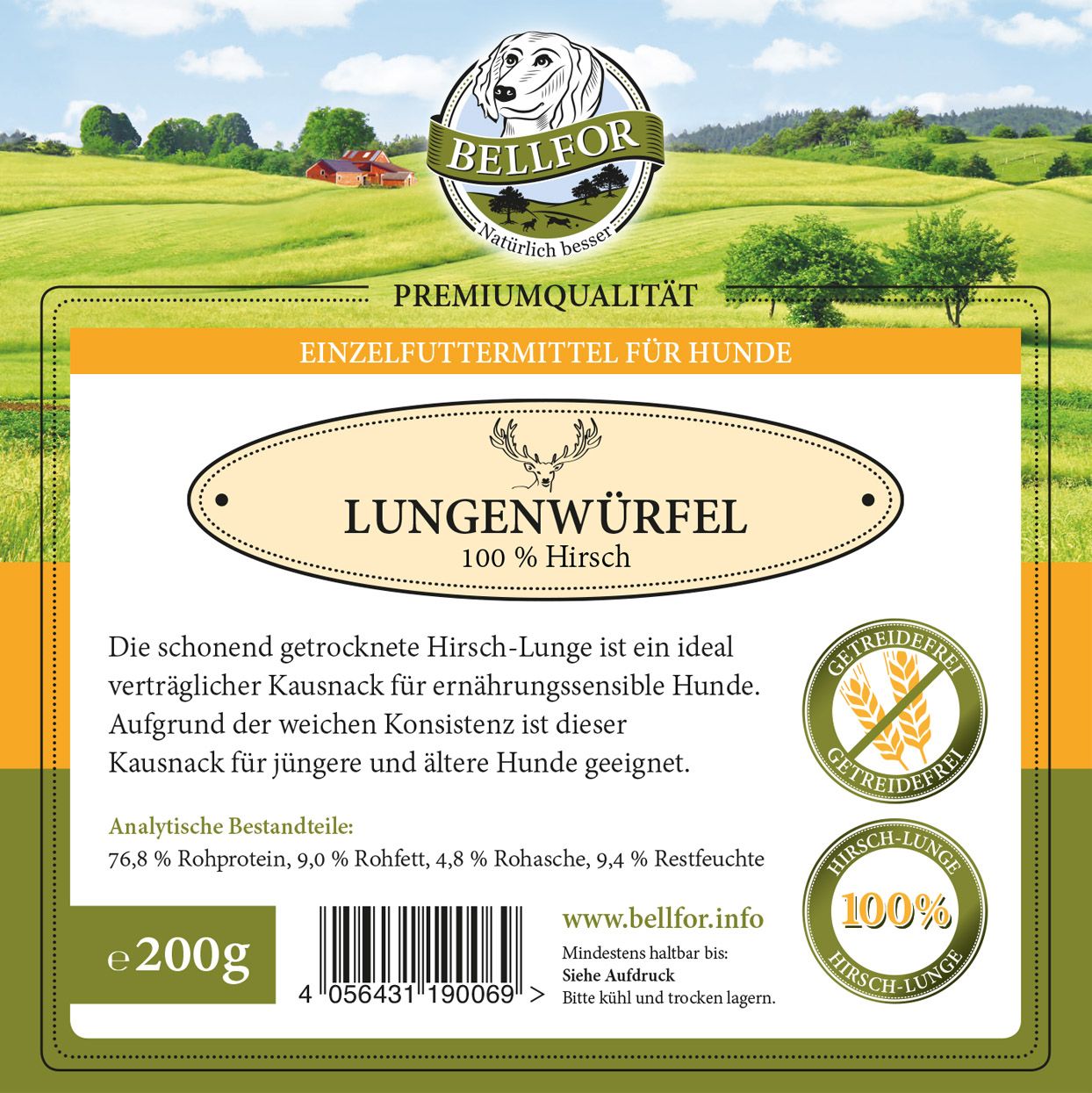 Produktverpackung mit Text. Oben: Logo Bellfor. Text: Lungenwürfel 100% Hirsch. Angaben zu Inhaltsstoffen und Gewicht.