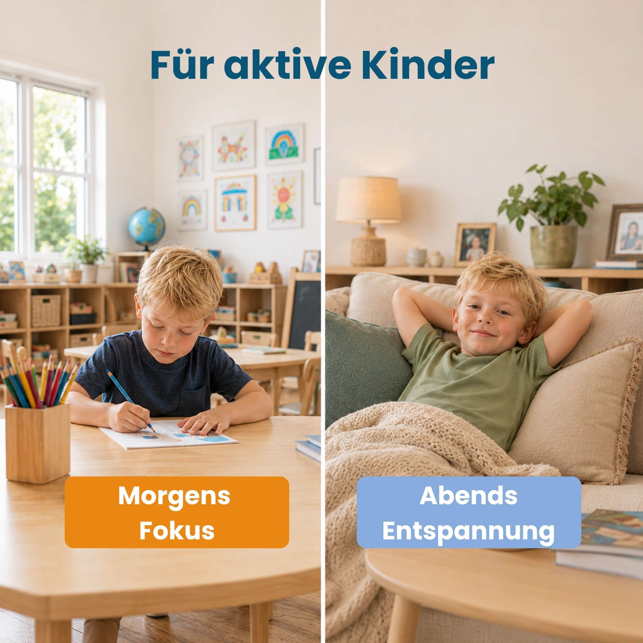 Collage: Junge konzentriert sich beim Malen, Junge entspannt auf Sofa.