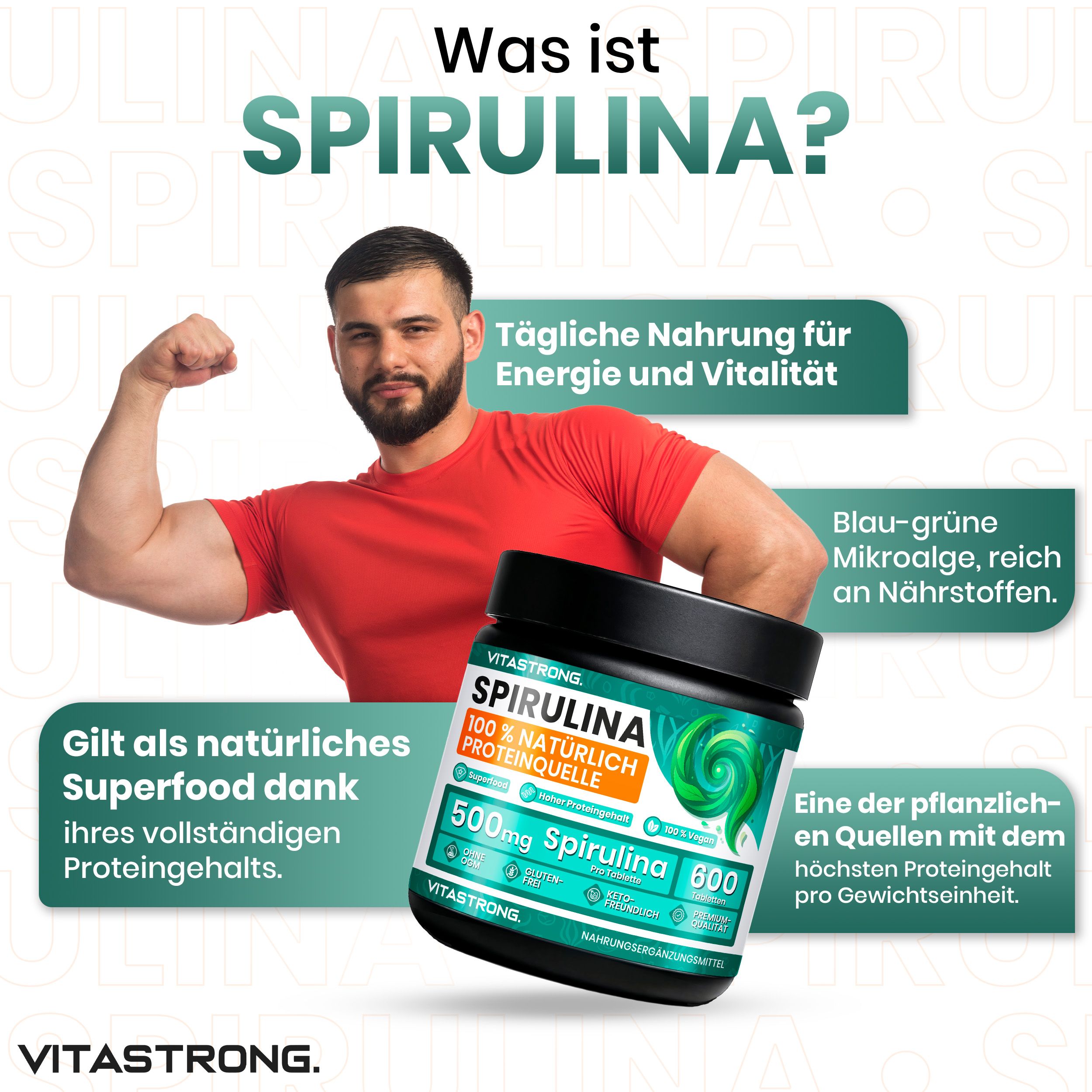 Mann mit Muskeln und Dose Spirulina. Text: Tägliche Nahrung für Energie und Vitalität. 100% natürliche Proteinquelle. Mikroalgen.