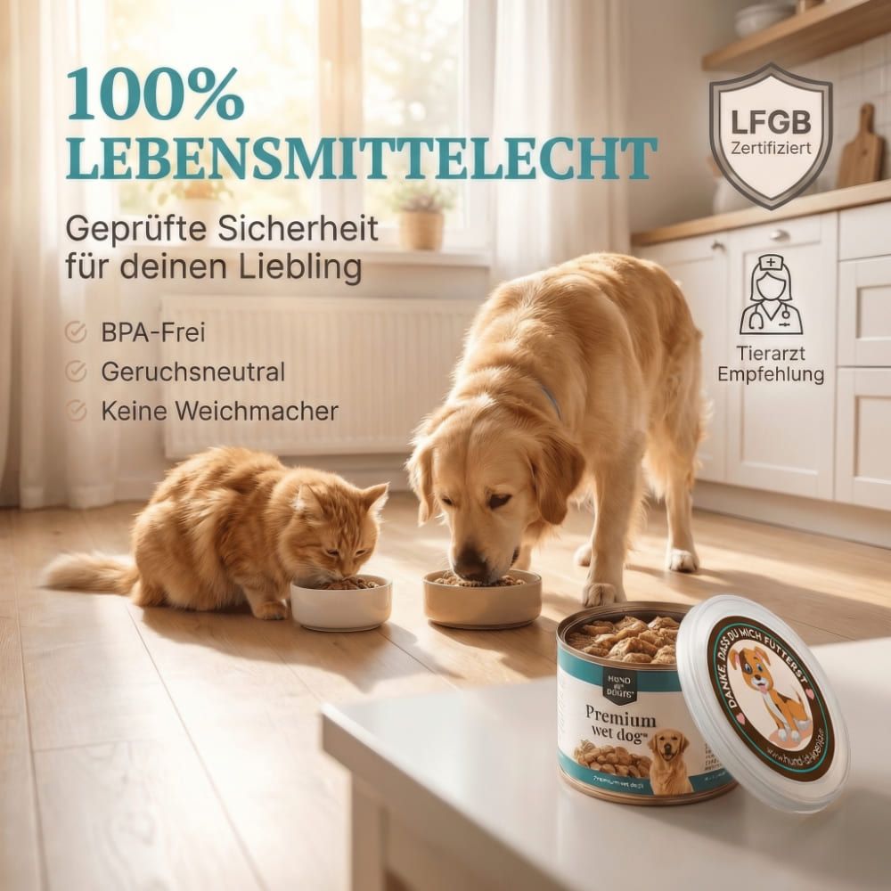 Hund und Katze fressen aus Näpfen. Dose mit Deckel daneben. Aufschrift: 100% lebensmittelecht. BPA-frei, geruchsneutral.