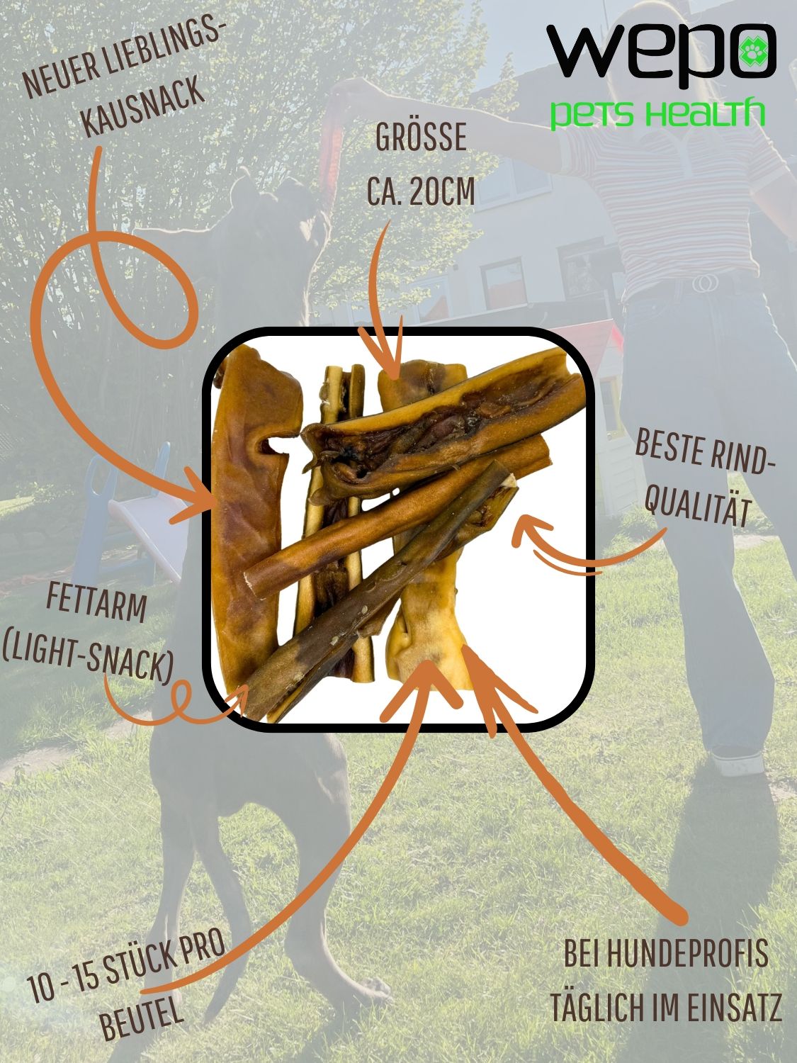 Getrocknete Rinderkopfhaut, ca. 20cm lang. Aufschrift: Fettarm, 10-15 Stück pro Beutel. Pfeile zeigen auf das Produkt.