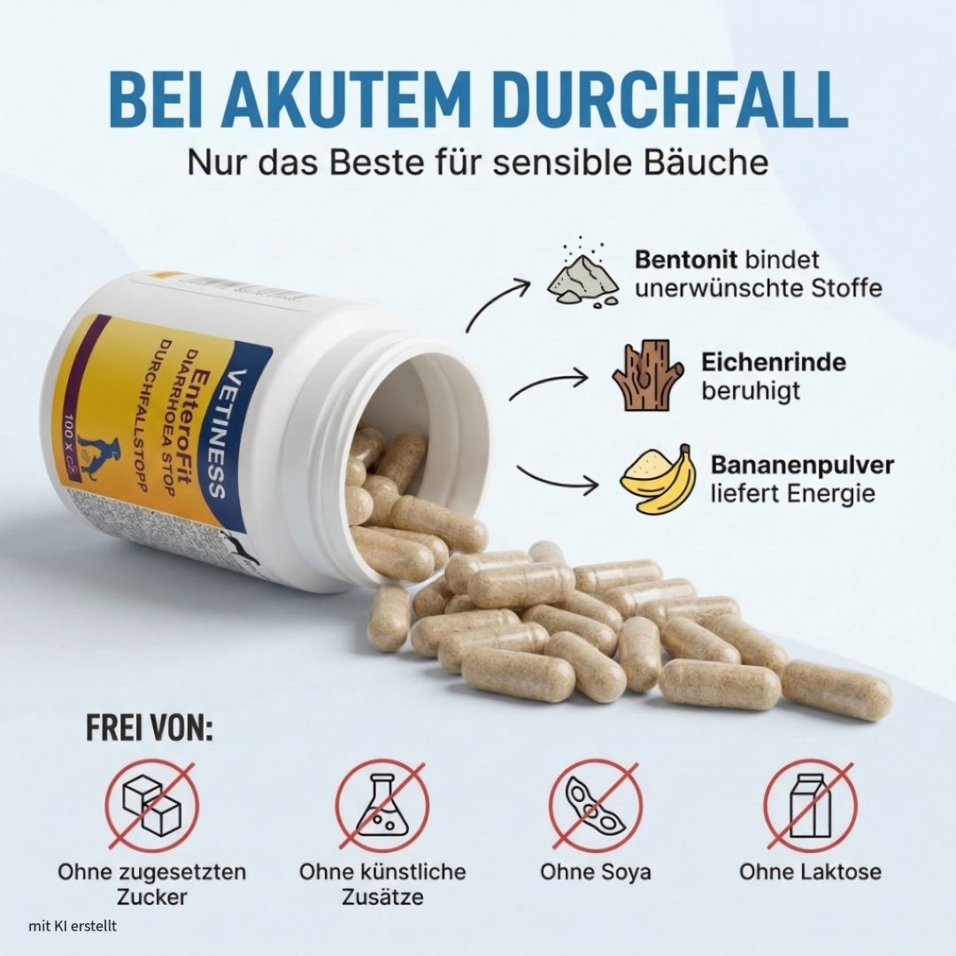 Weiße Dose mit Kapseln. Text: Vetiness EnteroFit Durchfallstopp. Zutaten: Bentonit, Eichenrinde, Bananenpulver. Frei von Zucker, Zusätzen, Soja, Laktose.