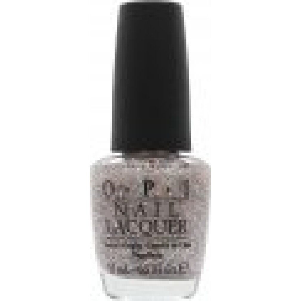 Nagellackflasche mit schwarzem Deckel. Der Lack ist glitzernd und hellgrau. OPI Nail Lacquer ist auf der Flasche aufgedruckt.