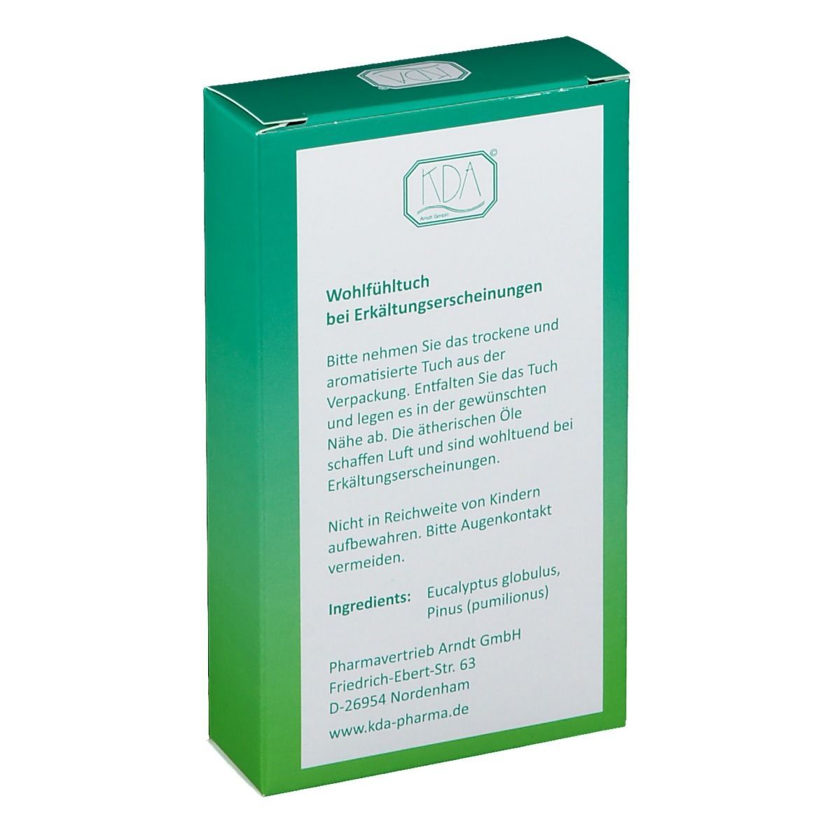 Rückseite der grünen Verpackung. Textinformationen, Inhaltsstoffe und Herstellerangaben. Logo oben.