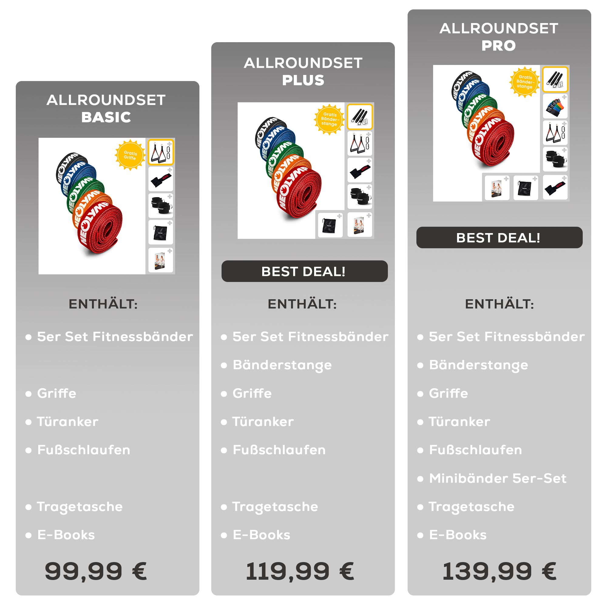Drei Produktvarianten: Allroundset Basic, Plus und Pro. Enthalten Fitnessbänder, Zubehör und E-Books. Preise: 99,99€, 119,99€, 139,99€.
