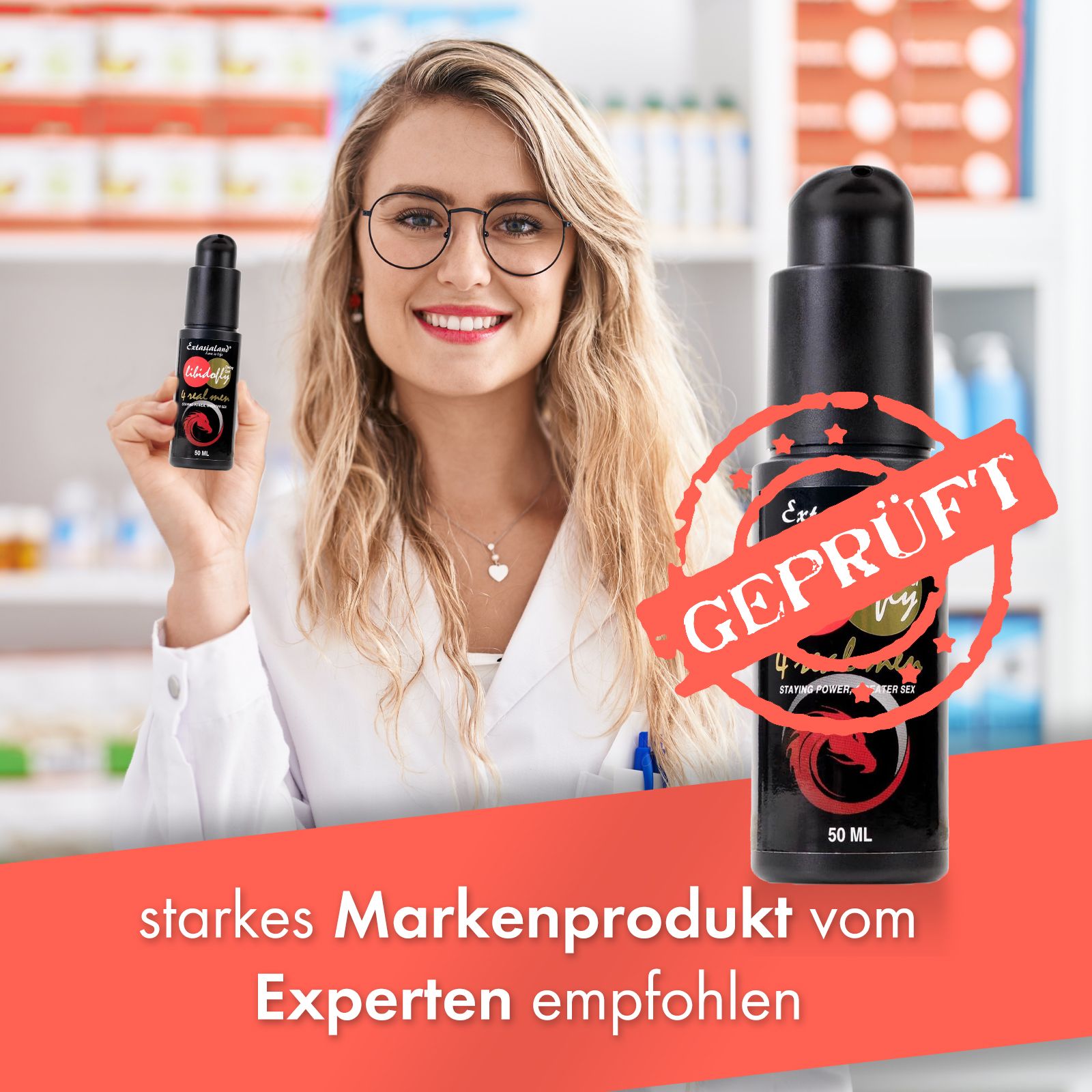 Ärztin hält Produktflasche. Roter Stempel: Geprüft. Text: Starkes Markenprodukt vom Experten empfohlen.
