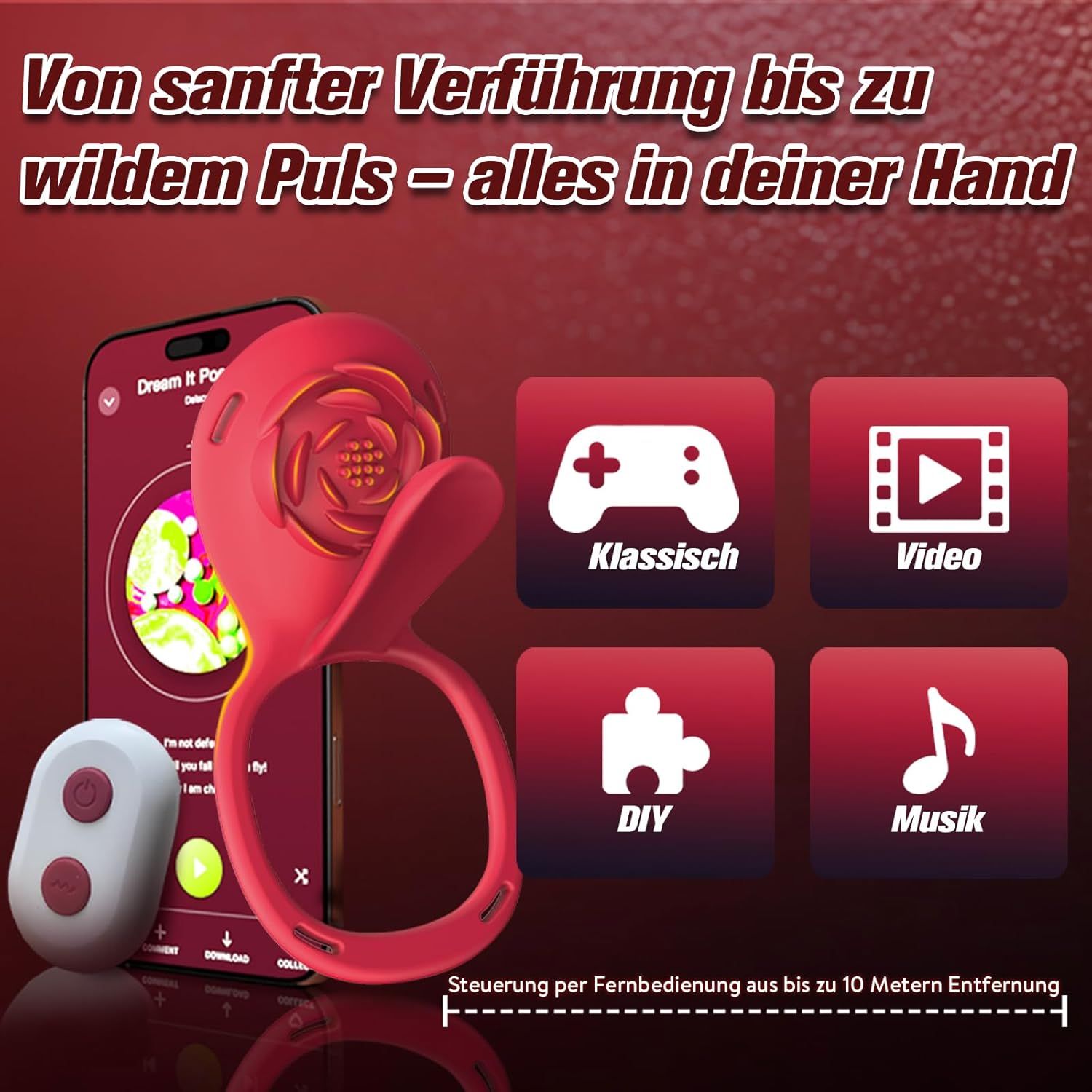 Roter Penisring mit Rosen-Design, Smartphone und Fernbedienung. Text: Von sanfter Verführung bis zu wildem Puls – alles in deiner Hand.