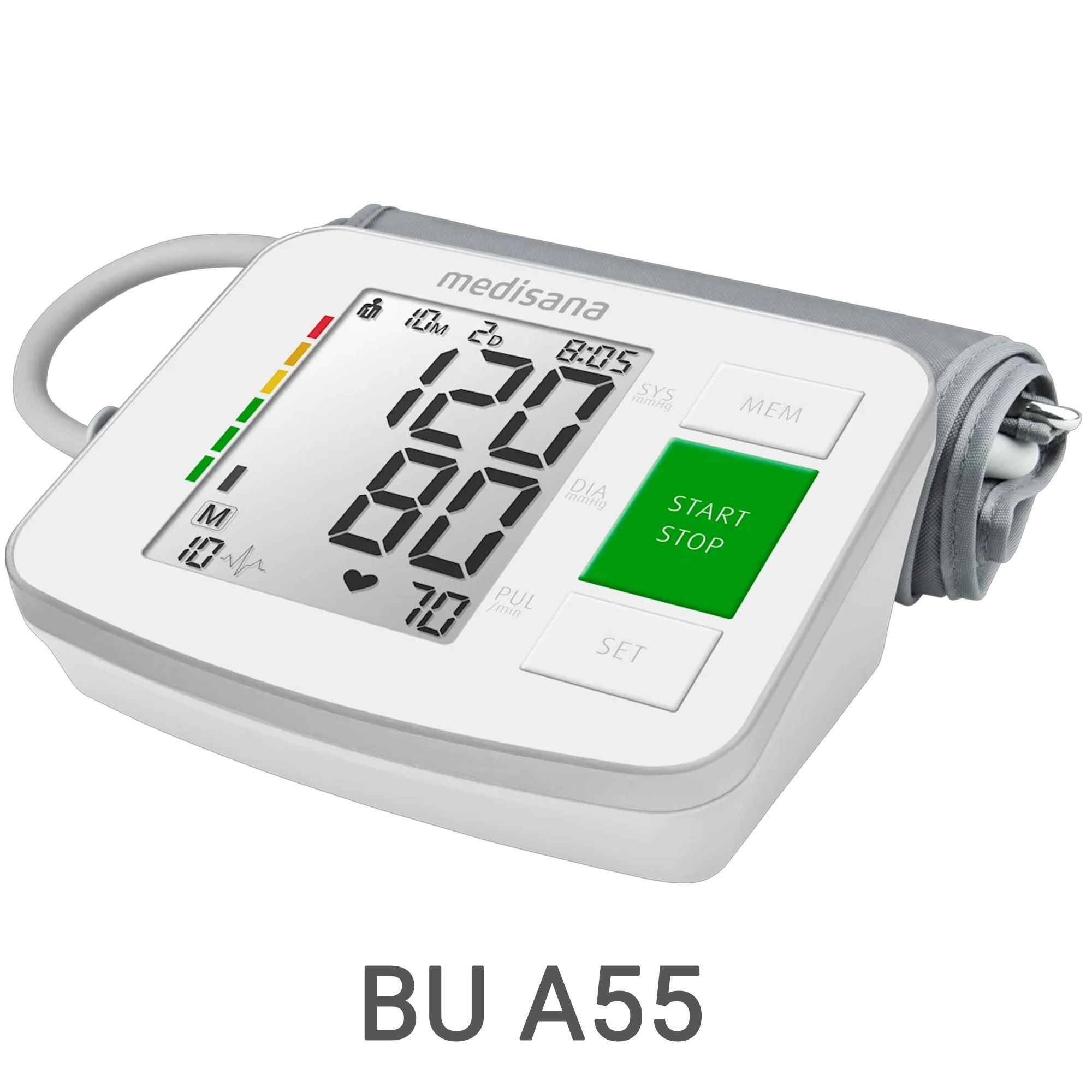 Weißes medisana Oberarm-Blutdruckmessgerät BU A55 mit großem Display.