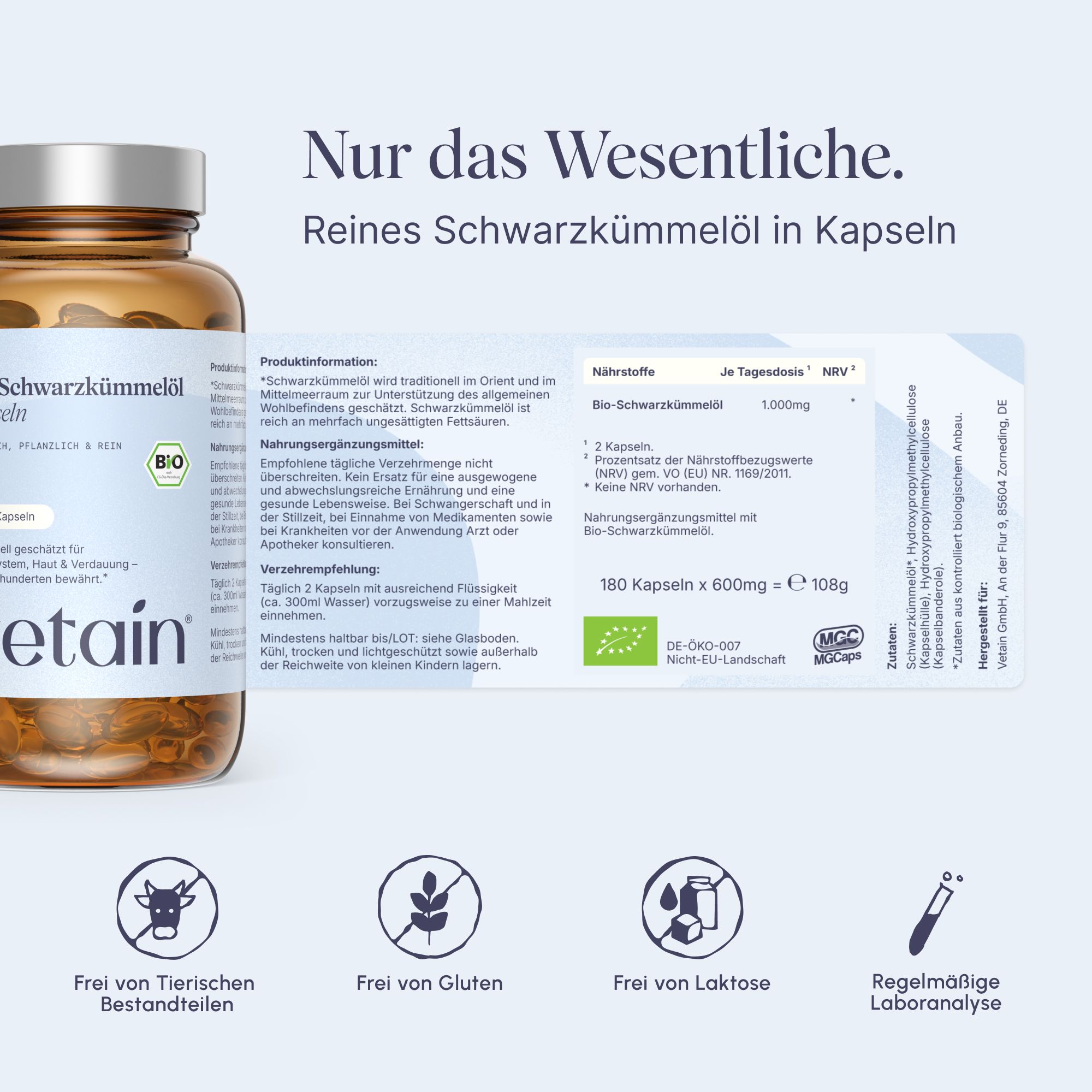 VETAIN Bio Schwarzkümmelöl Kapseln Flasche mit Symbolen für 'Frei von Tierischen Bestandteilen', 'Glutenfrei', 'Laktosefrei'.