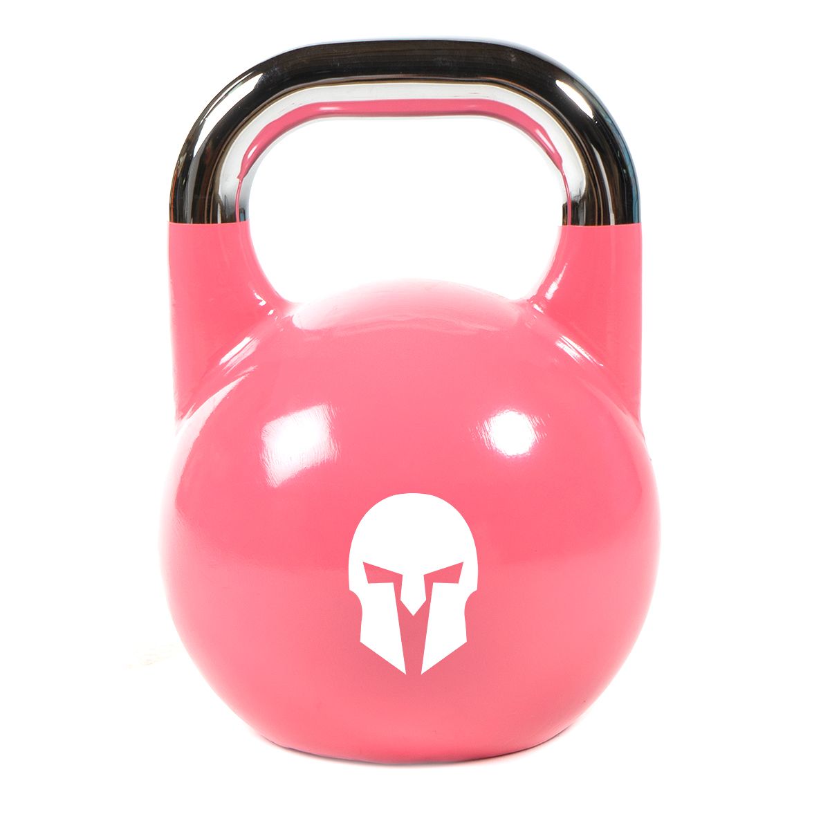 Rosa Kettlebell aus Gusseisen mit verchromtem Griff und aufgemaltem Logo.
