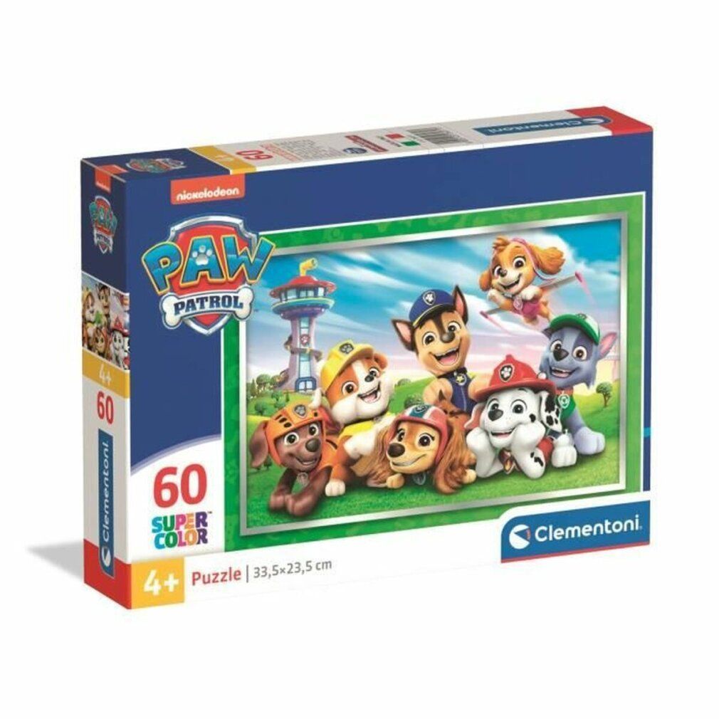 Rückseite der Paw Patrol Puzzle-Box. Informationen zu Altersempfehlungen und Stückzahlen. Herstellerinformationen. Made in Italy.