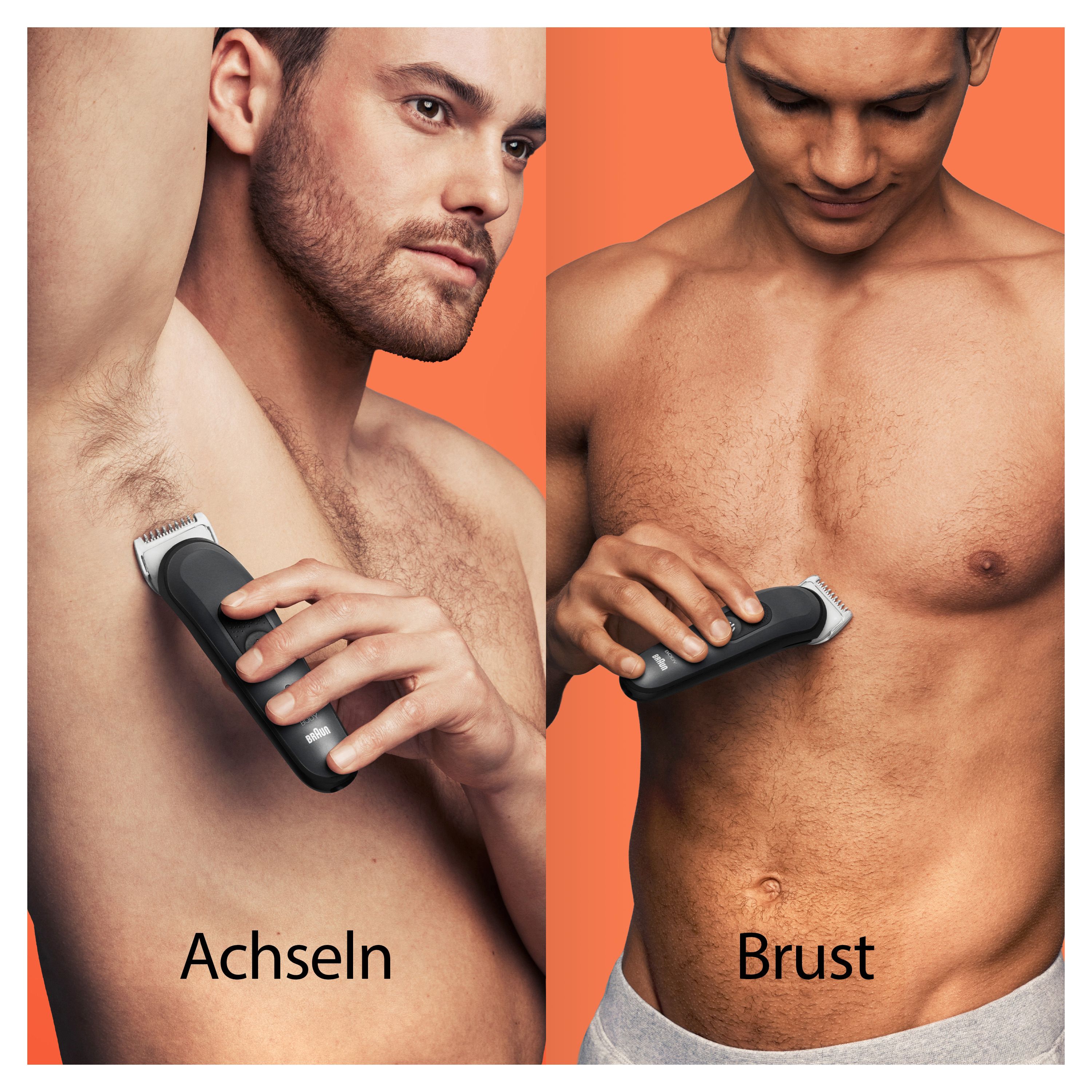 Zwei Bilder zeigen die Anwendung des Bodygroomers. Achseln und Brust. Marke: Braun.