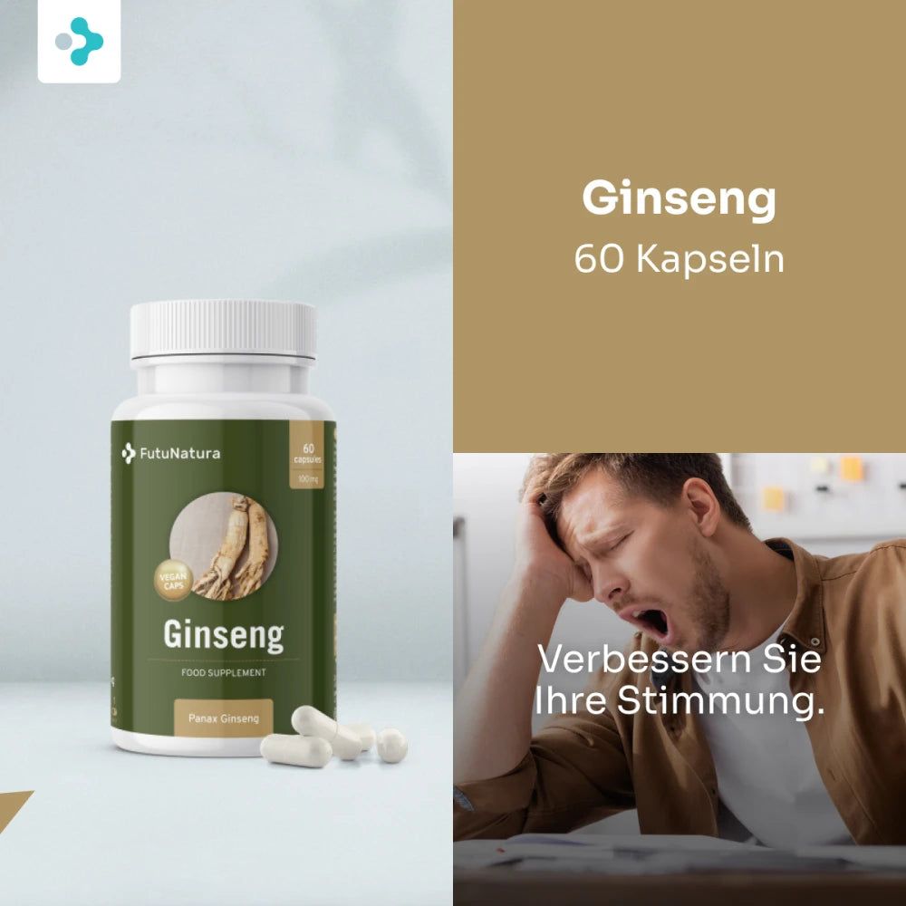 Flasche FutuNatura Ginseng Kapseln (60 Stk.) neben erschöpftem Mann.