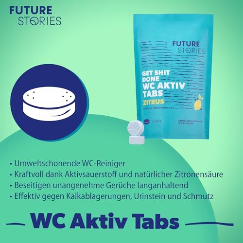 Türkis-farbene WC Aktiv Tabs Packung. Marke: Future Stories. Text: Umweltfreundlich, mit Aktivsauerstoff, gegen Gerüche und Kalk.