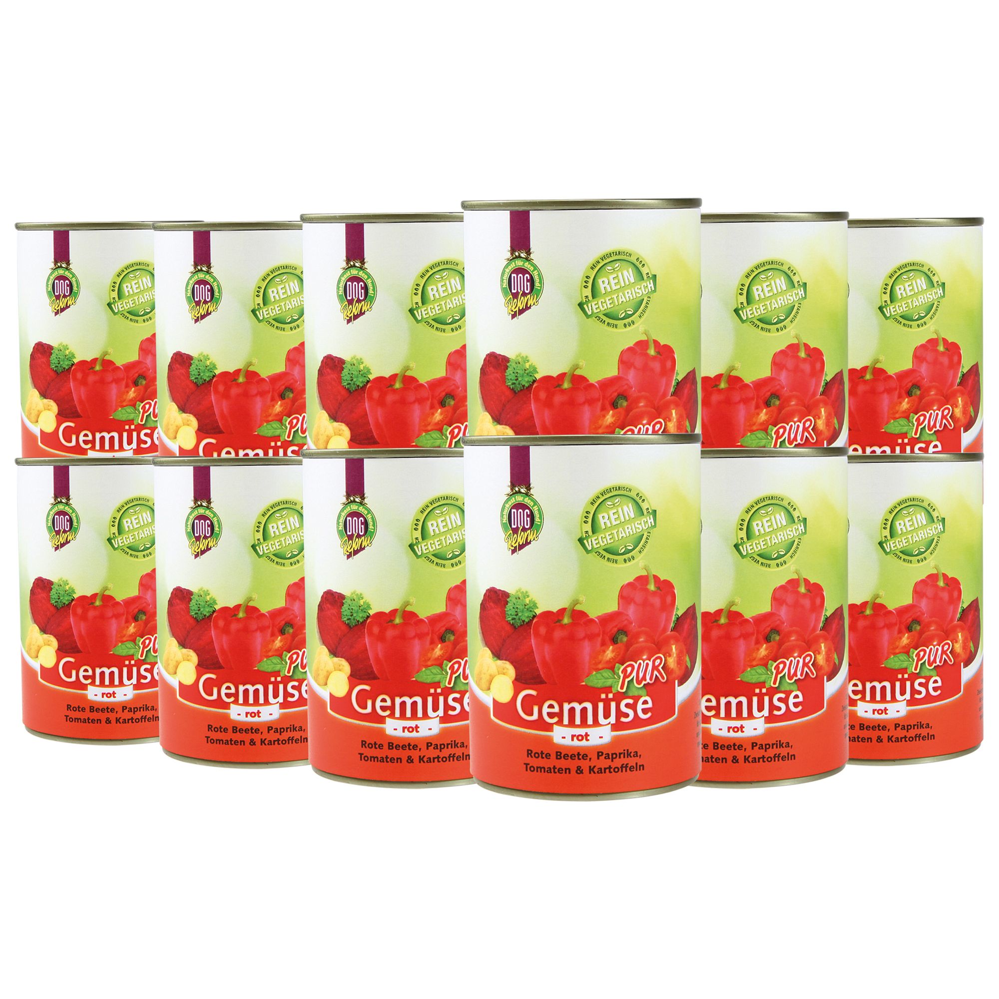 Mehrere Dosen Nassfutter. Aufschrift: Gemüse Pur rot. Abbildung von Paprika und Tomaten. Vegetarisch.