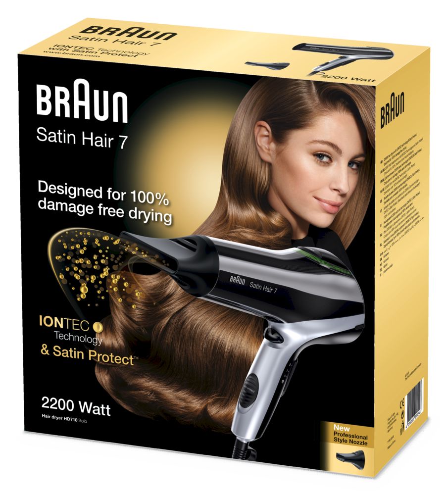 Verpackung Braun Satin Hair 7. Haartrockner-Abbildung, Frau mit Haaren. Text: IONTEC, Satin Protect, 2200 Watt.