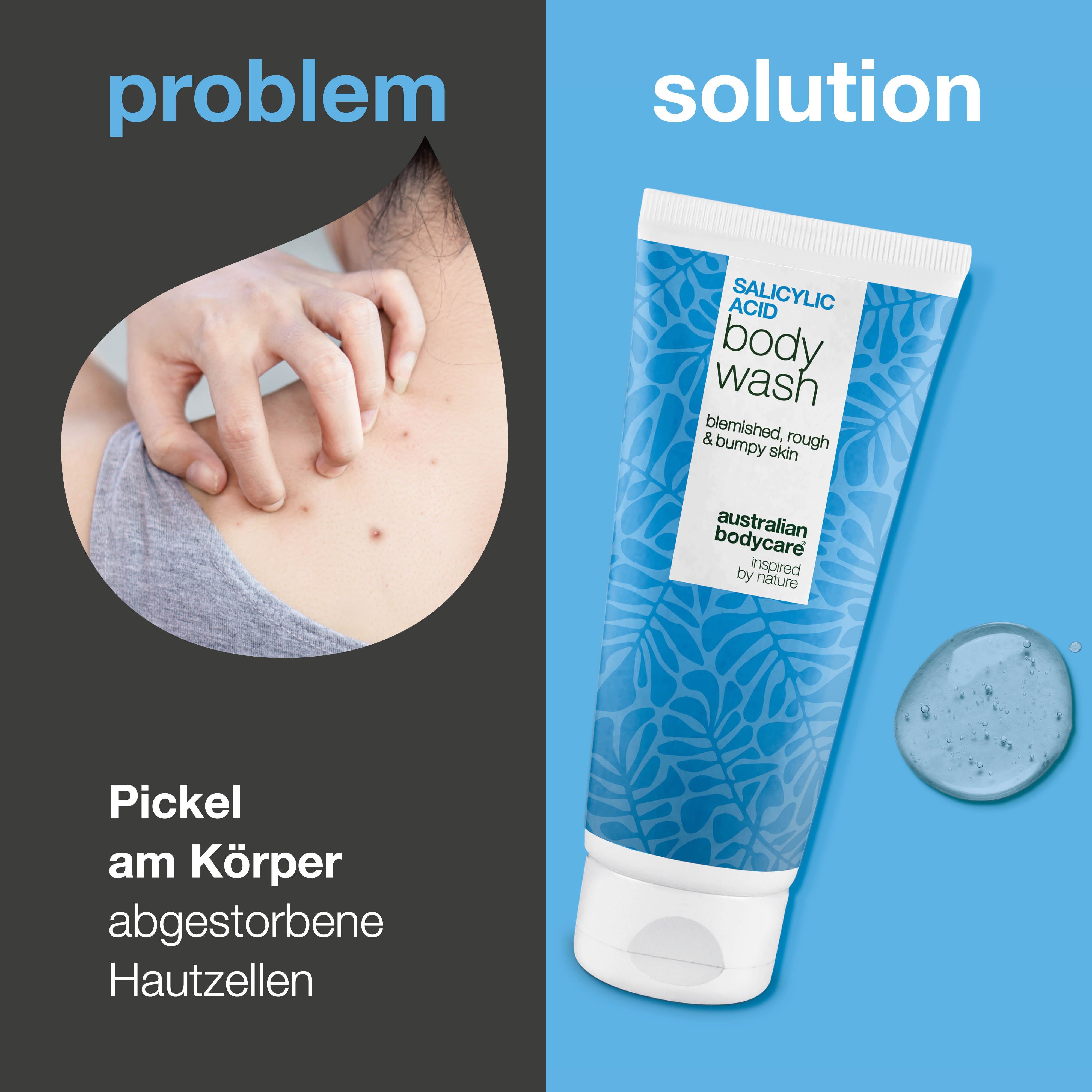 Vergleich: Problem und Lösung. Person kratzt sich. Tube Salicylic Acid Body Wash. Gel-Tropfen. Text: Pickel, verstopfte Poren.