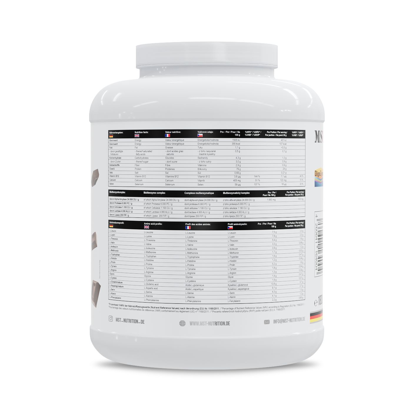 Rückseite einer weißen Dose MST Best Isolate Protein mit Nährwertangaben und Zutatenlisten in mehreren Sprachen.