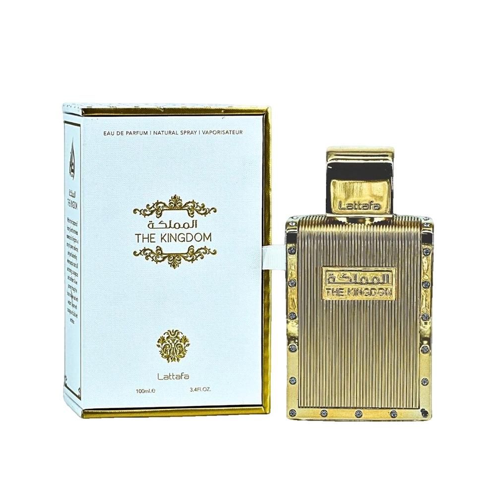 Goldfarbener Flakon und weiße Verpackung. Aufschrift: "THE KINGDOM". Goldfarbene Details. Flakon mit goldfarbenem Deckel. Aufschrift: "Lattafa".