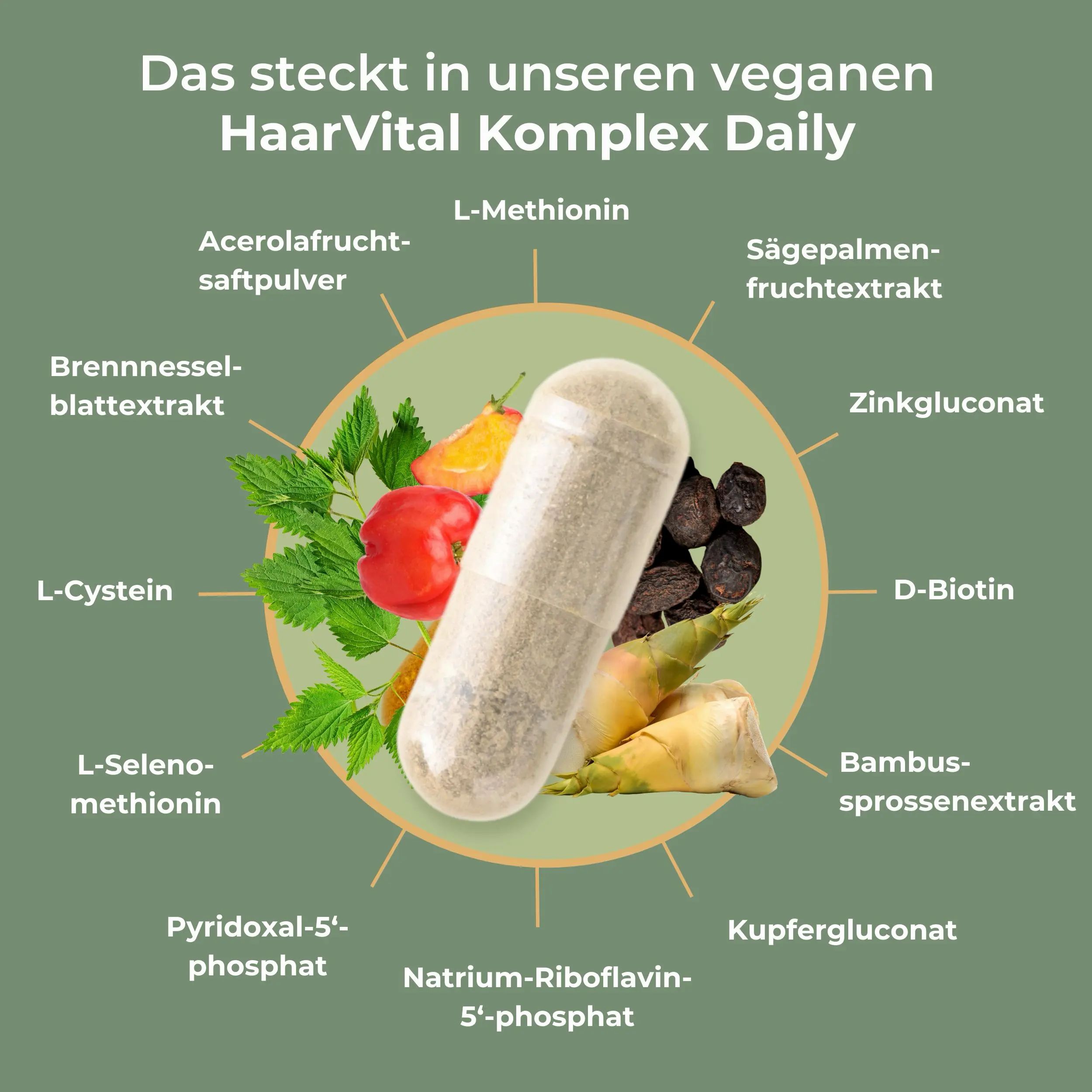Eine Kapsel umgeben von Zutaten wie Bambus, Beeren und Kräutern. Beschriftungen nennen Inhaltsstoffe.