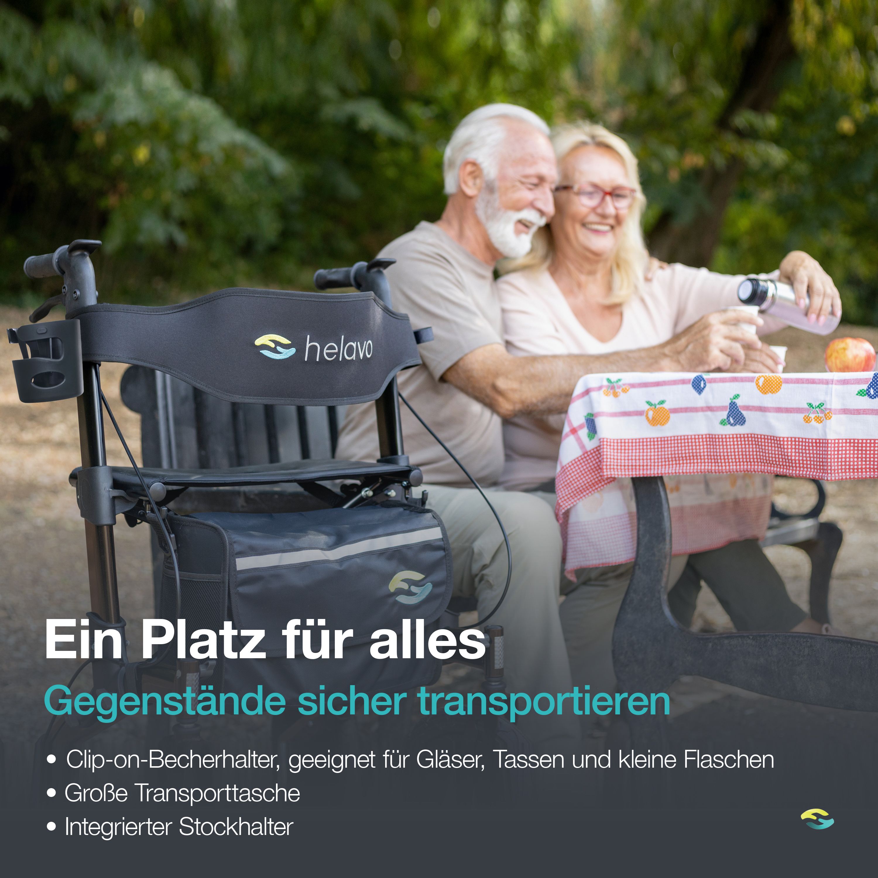 Helavo Outdoor Rollator mit pannensicheren Vollgummireifen faltbar mit Sitz